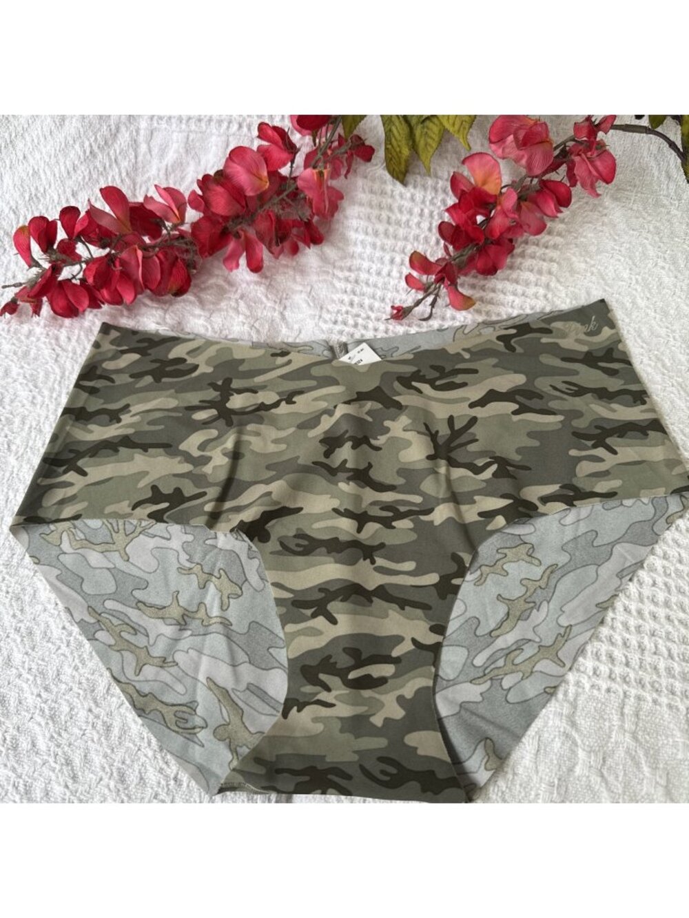 VICTORIA'S SECRET L SILKY HIPHUGGER PANTIES CAMO GREEN TAN BLACK PRINT NWT